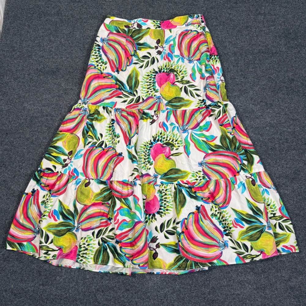 Maude Vivante Ada Skirt Banana Pops Tropical Fruit Tiered Cotton Maxi Skirt Sz M - Picture 2 of 9